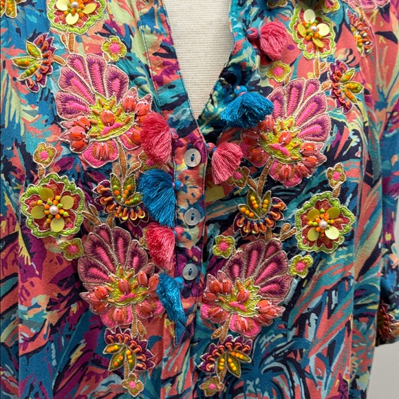 Soft Surroundings Florence Boho Embroidered Beaded Tropical Shirt Dress 2X 22W - Picture 5 of 14